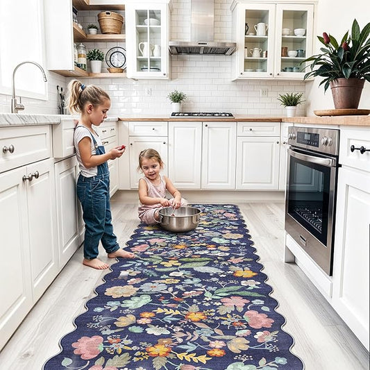 Washable Non-Slip Runner Rug 2x8: Water-Resistant Floral Kitchen Rug Indoor Low Pile Floor Mat for Living Room Bedroom Dining Room Ultra Soft Stain-Resistant Carpet for Pets Kids Family(2x8,Purple)