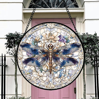 Stained Glass Window Hanging, Dragonfly Flower Suncatcher for Doors Home Sun Catchers Decoration and Christmas, Mother's Day Birthday Gifts for Women, Men, and Mom 14.9x14.9 in
