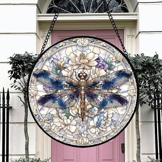 Stained Glass Window Hanging, Dragonfly Flower Suncatcher for Doors Home Sun Catchers Decoration and Christmas, Mother's Day Birthday Gifts for Women, Men, and Mom 14.9x14.9 in