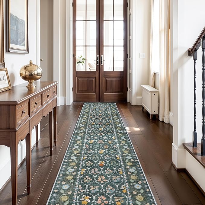 2.6x12 Kitchen Runner Rug Washable - Vintage Non Slip Hallway Rugs Low Pile Carpet for Bedroom Laundry Soft Indoor Floor Mat - Safe Durable Choice for Married Women with Kids & Pets 2’6x12 Green