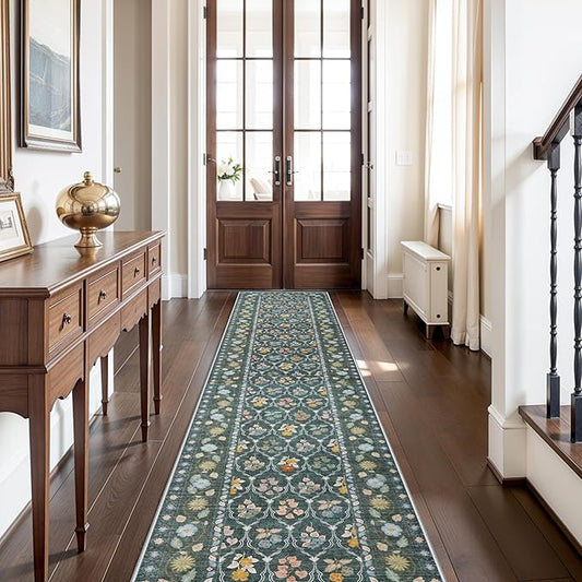 2.6x12 Kitchen Runner Rug Washable - Vintage Non Slip Hallway Rugs Low Pile Carpet for Bedroom Laundry Soft Indoor Floor Mat - Safe Durable Choice for Married Women with Kids & Pets 2’6x12 Green