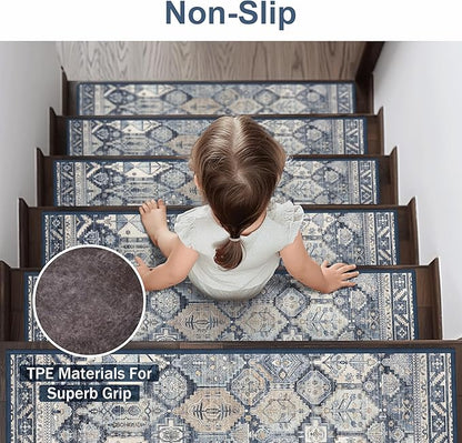 Carpet Stair Treads Non Slip 15PCS, 8" X 30" Edging Stair Runner for Wooden Steps Indoor, Resistant Stair Rugs with Reusable TPE Adhesive Backing, Residue Mat for Elders, Pets, Denim/Pearl