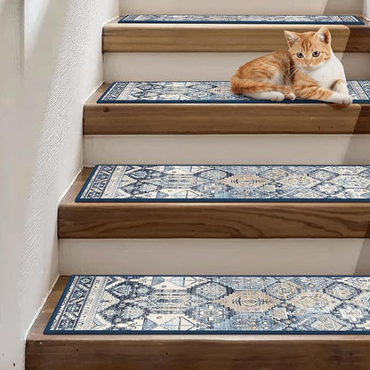 Carpet Stair Treads Non Slip 15PCS, 8" X 30" Edging Stair Runner for Wooden Steps Indoor, Resistant Stair Rugs with Reusable TPE Adhesive Backing, Residue Mat for Elders, Pets, Denim/Pearl