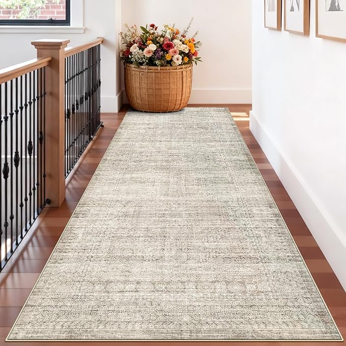 4x10 Neutral Kitchen Area Rug: Washable Soft Runner Rugs for Bedroom Living Room Water Resistant Hallway Bathroom Entryway Carpet with Non-Slip Backing Dining Room Nursery Floor Mat(4x10，Beige/Ivory)