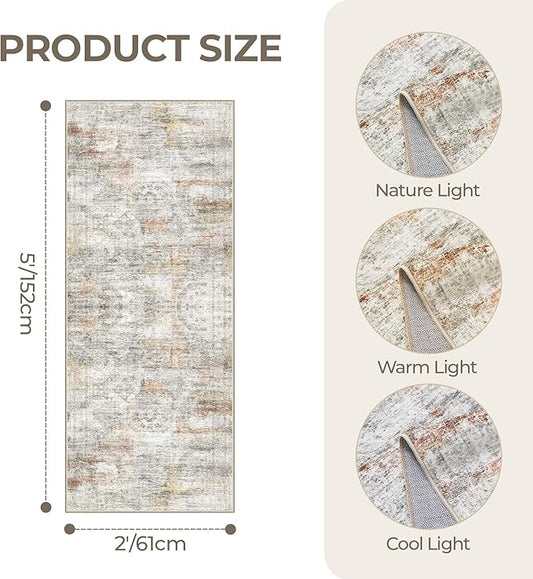 2x5 Rug Runner Washable for Entryway, Soft Bathroom Rugs with Non-Slip Backing, Abstract Low Pile Hallway Runner, Vintage Small Kitchen Carpet for Stair, Laundry Room(2'x5', Grey/Rust)