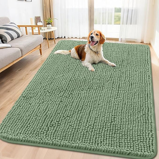 Smiry Dog Door Mat for Muddy Paws 71x46, Absorbs Moisture and Dirt Doormat, Non-Slip Washable Quick Dry Chenille Front Door Mat Indoor Entrance, Entryway Carpet for Inside Floor, Olive Green