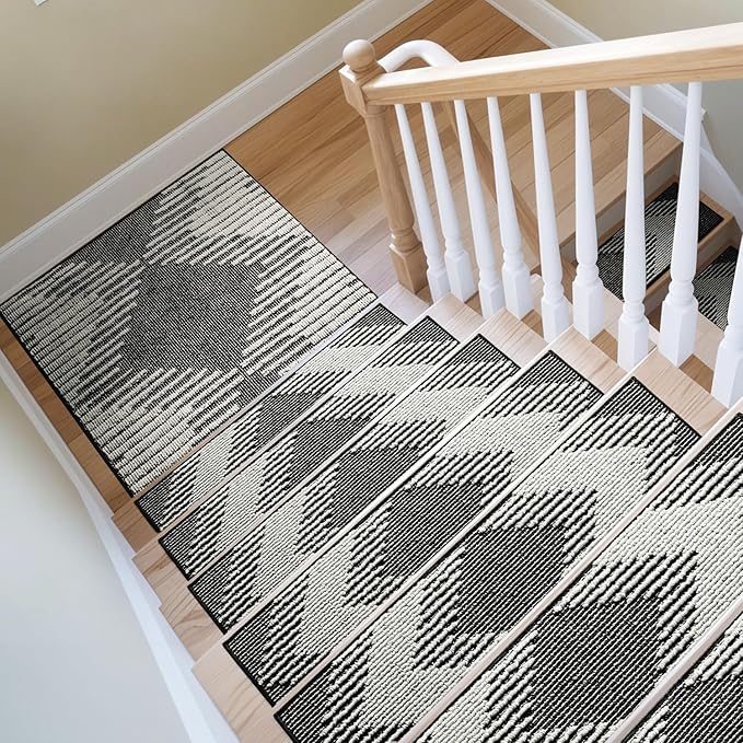PADOOR 7PC Stair-Treads Non Slip, 3D Peel and Stick Stair Treads for Wooden Steps Indoor, Stair-Carpet Treads Washable Reusable Adhesive Stair-Runner Rugs for Kids and Dogs 8"x30" Black