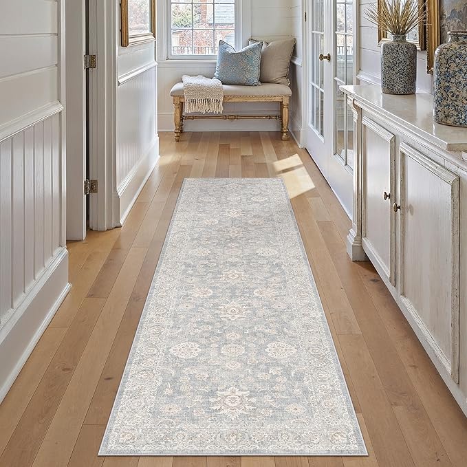 2x8 Blue Cream Washable Runner Rug for Kitchen Hallway Neutral Floral Soft Non Slip Rug Low Pile Distressed Carpet for Bathroom Bedroom Indoor Nursery