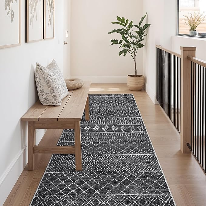 Moroccan 2'6"x8' Hallway Runner Rug: Washable Non Slip Soft Rugs - Low Pile Thin Indoor Floor Mats - Geometric Carpet for Living Room Kitchen Bedroom 2'6"x8' Black