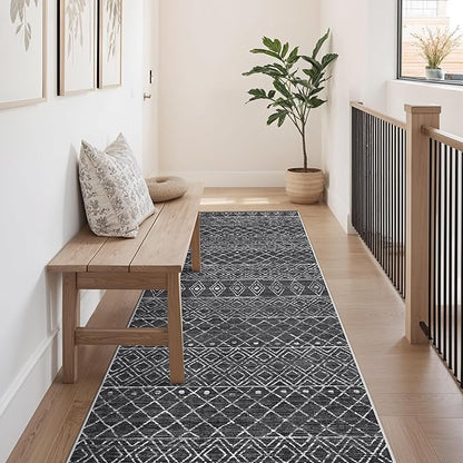 Moroccan 2'6"x8' Hallway Runner Rug: Washable Non Slip Soft Rugs - Low Pile Thin Indoor Floor Mats - Geometric Carpet for Living Room Kitchen Bedroom 2'6"x8' Black