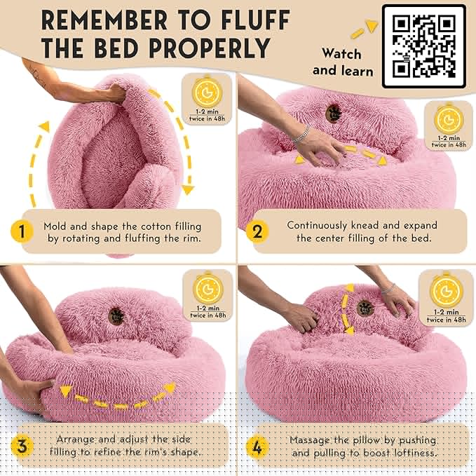 PetJett Calming Medium Dog Bed - 30'' Round Dog Beds, Anti-Slip & Washable Super Soft Fluffy Plush Donut Bed, Anti-Anxiety Premium Comfort Pet Bed, Fits Dogs up to 45 lbs - Pink