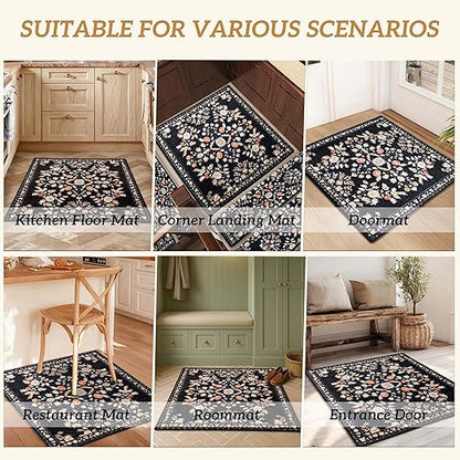 RORA Stair Treads Landing Mat Non-Slip Stair Treads Matching Mat for Wooden Steps Indoor,Bullnose Carpet Stair Floral Stair Rugs Washable Stair Carpet for Pets,30"x30",Black,1pcs