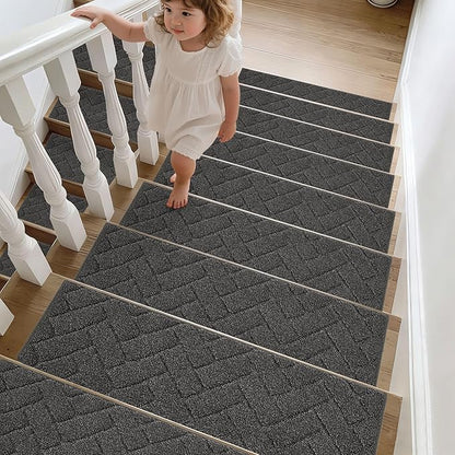 BEQHAUSE Edging Stair Treads for Wooden Steps 9" x 28", Non Slip Carpet Stair Treads Indoor Stair Runners, Soft Stair Rugs, Machine Washable, 100% Polyester, TPE Backing, 4pcs, Charcoal