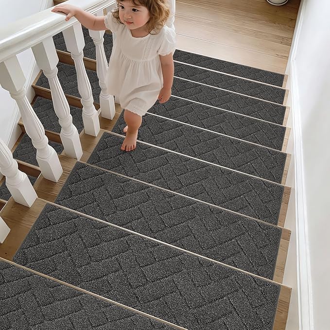 BEQHAUSE Edging Stair Treads for Wooden Steps 9" x 28", Non Slip Carpet Stair Treads Indoor Stair Runners, Soft Stair Rugs, Machine Washable, 100% Polyester, TPE Backing, 15pcs, Charcoal