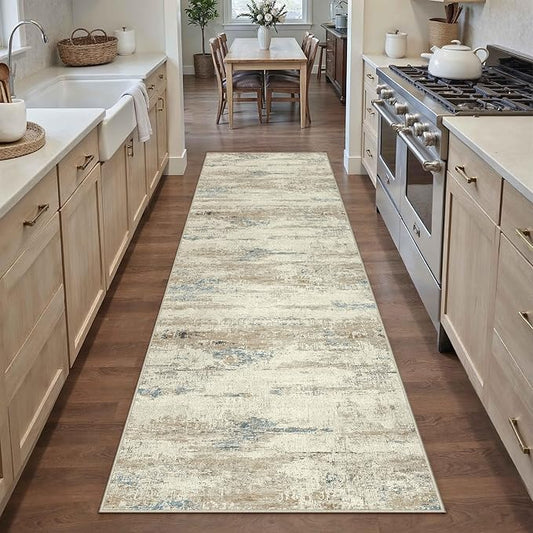 2x8 Runner Rug Washable Beige Brown Abstract Modern Neutral Hallway Carpet Non Slip Soft Low Pile Indoor Kitchen Carpet Contemporary Aesthetic Long Rug Bathroom Bedroom Laundry