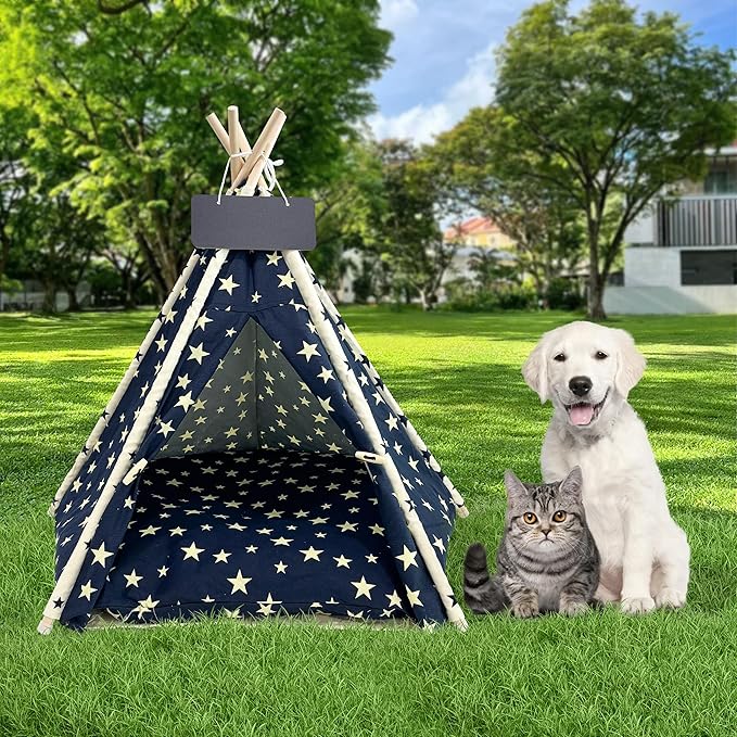 Pet Teepee Dog & Puppy Cat Tents Tipi Bed Portable Houses with Thick Cushion for Pets Up to 66lbs-Blue-M