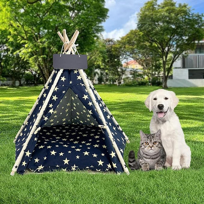 Pet Teepee Dog & Puppy Cat Tents Tipi Bed Portable Houses with Thick Cushion for Pets Up to 66lbs-Blue-M