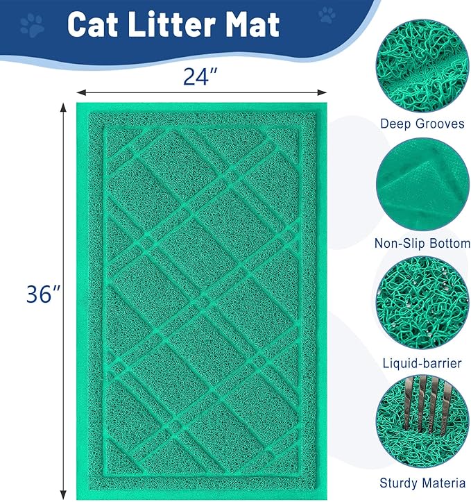 Smiry Cat Litter Box Mat 36x24, Non-Slip Water Resistant Litter Trapping Mat, Easy Clean Less Waste and Urine-Locking Cat Carpet for Indoor, Green