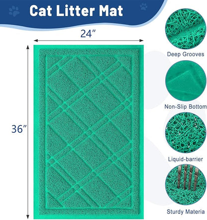 Smiry Cat Litter Box Mat 36x24, Non-Slip Water Resistant Litter Trapping Mat, Easy Clean Less Waste and Urine-Locking Cat Carpet for Indoor, Green