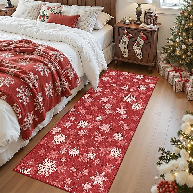 2x6 Runner Rug Non Slip for Entrance, Washable Christmas Kitchen Rugs, Ultra-Thin Snowflake Bathroom Rug Runner, Soft Red and White Christmas Decor Indoor(2'x6', Red/White)