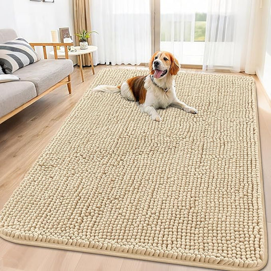 Smiry Dog Door Mat for Muddy Paws 70x35, Absorbs Moisture and Dirt Doormat, Non-Slip Washable Quick Dry Chenille Front Door Mat Indoor Entrance, Entryway Carpet for Inside Floor, Beige