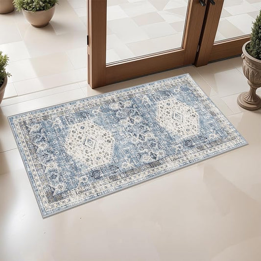 Kitchen Runner Rug 2x4 Washable : Indoor Vintage Non Slip Rugs for Entryway Hallway Bedroom Ultra-Thin Foldable Low Pile Carpet for Laundry Bathroom Home Decor Floor Mat 2'x4' Aqua Blue
