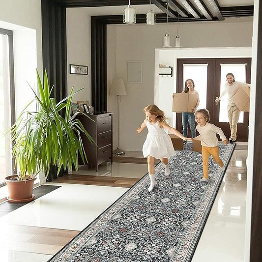 2x12 Non Slip Runners for Hallways: Washable Long Ultra Soft Kitchen Rug Vintage Floor Mat for Living Room Bedroom Accent Farmhouse Door Mat for College Dorm Stain Resistant Area Rug (Black, 2x12)