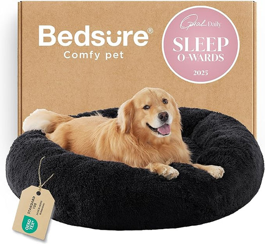 Bedsure Calming Dog Bed for Extra Large Dogs - Donut Washable Large Pet Bed, 45 inches Anti-Slip Round Fluffy Plush Faux Fur Dog Bed, Fits up to 120 lbs Pets, Black