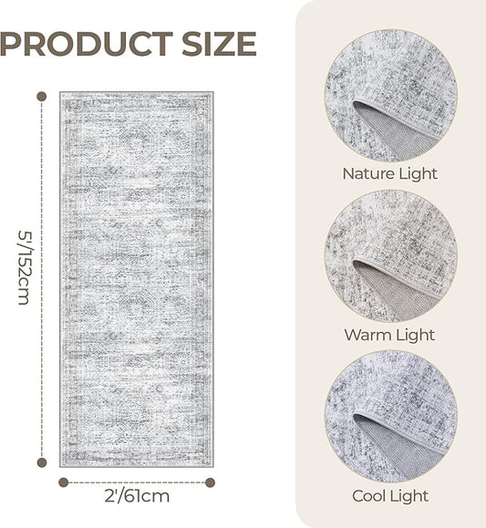 2x5 Rug Runner Washable for Entryway, Soft Bathroom Rugs with Non-Slip Backing, Abstract Low Pile Hallway Runner, Vintage Small Kitchen Carpet for Stair, Laundry Room(2'x5', Grey/Ivory)
