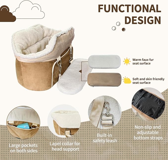 Johnear Puppy Dog Booster Seat for Small Dog up to 28 lbs Outing Car Travel, 3 in 1 Portable Pet Handbag Sofa Dogs Car Center Console Seats Winter Warm Pet Carrier with Safety Belt for Passenger Seat