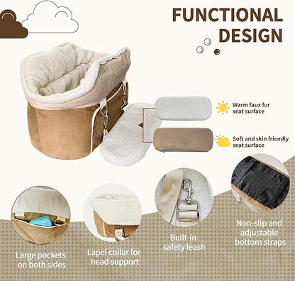 Johnear Puppy Dog Booster Seat for Small Dog up to 28 lbs Outing Car Travel, 3 in 1 Portable Pet Handbag Sofa Dogs Car Center Console Seats Winter Warm Pet Carrier with Safety Belt for Passenger Seat