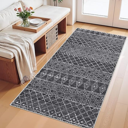 2x4 Runner Rug for Hallway: Washable Non-Slip Moroccan Rugs for Kitchen Entryway Bedroom - Soft Stain Resistant Easy Clean Mat for Family with Pets 2x4 Black