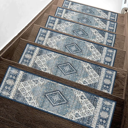 Non Slip Stair Treads for Wooden Steps 15PCS - 8"x30" Indoor Safety Carpet, Edging Mats with TPE Adhesive Backing, Pet and Elderly Friendly Stair Rugs (Blue&Ivory)