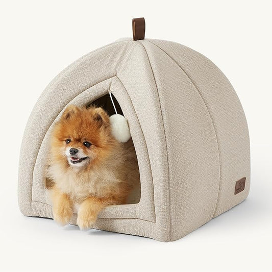 Bedsure Cat Beds for Indoor Cats - 2 in 1 Cat Cave House Tent for Kittens and Small Pets with Removable Washable Cushioned Pillow, Foldable Kitten Hideaway with Non-Slip Bottom, Beige, 17.3 inches