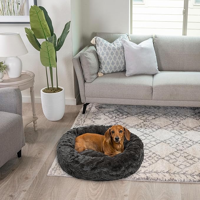 Best Friends by Sheri Original Calming Donut Dog and Cat Bed, Lux Faux Fur, Mink Dark Gray, (23in x 23in) - Anxiety Relief for Pets Up to 25 lbs