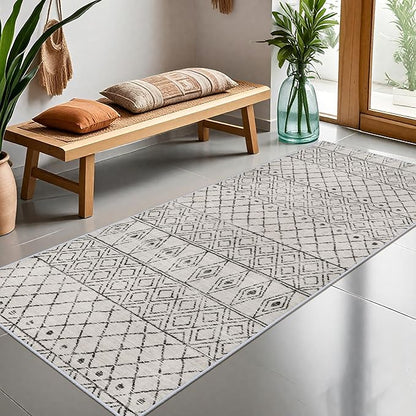 3x6 Runner Rug Washable - Moroccan Hallway Runners Non Slip Pets Friendly Rug Low Pile Soft Indoor Floor Mat Front Door for Kitchen Bedroom Entryway Laundry 3x6 Geo Grey