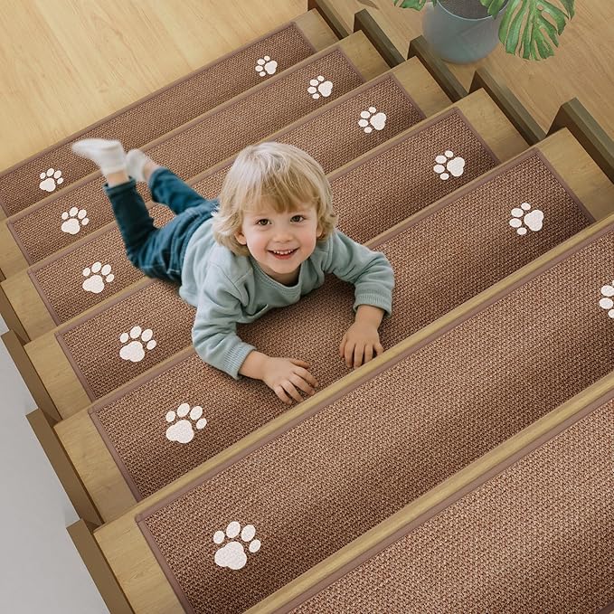 Square Stair Treads Non Slip Indoor 1PCS, Rubber Backing Stair Runner Rugs for Wooden Steps, Residue Free Stair Carpet Treads for Kids Elders Pets, Machine Washable Stair Mats, Brown, 30" x 30"