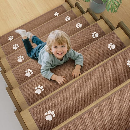 Square Stair Treads Non Slip Indoor 1PCS, Rubber Backing Stair Runner Rugs for Wooden Steps, Residue Free Stair Carpet Treads for Kids Elders Pets, Machine Washable Stair Mats, Brown, 30" x 30"