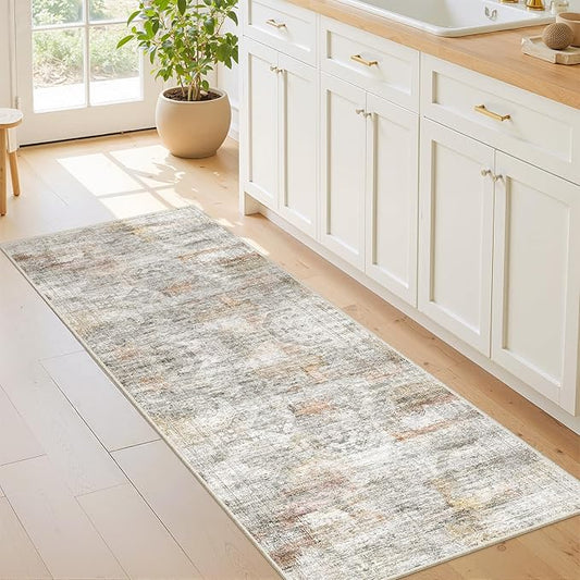 2x5 Rug Runner Washable for Entryway, Soft Bathroom Rugs with Non-Slip Backing, Abstract Low Pile Hallway Runner, Vintage Small Kitchen Carpet for Stair, Laundry Room(2'x5', Grey/Rust)