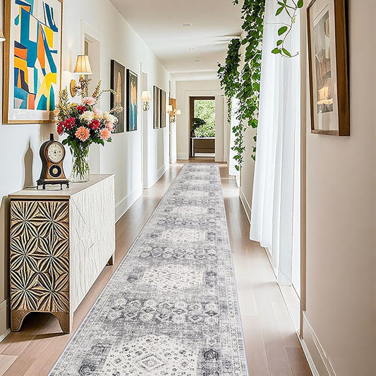 Washable 3x25 Hallway Runner Rug - Extra Long Vintage Non Slip Stain Resistant Rugs for Entryway Hall Kitchen Indoor Soft Living Room Bedroom Carpet Durable Low Pile Home Decor Floor Mat 3'x25' Grey
