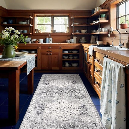 RUUGME 4x10 Washable Runner Rug - Wide Hallway Rugs with Non Slip Backing Low Pile Stain Resistant Carpet for Bedroom Home Office Vintage Ultra Soft Floor Decor Mat for Bathroom Laundry 4'x10' Grey