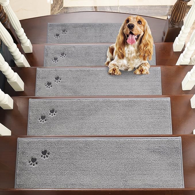 BEQHAUSE Stair Treads for Wooden Steps 28inX9in, Non Slip Carpet Stair Treads Indoor Stair Runners Machine Washable, Soft Stair Rugs Mat Surface Polyester TPE Backing, 4pcs, Grey