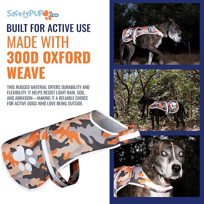 SafetyPUP XD Dog Reflective Vest – Hi-Vis Fluorescent Visibility That Helps to Safeguard Your Pet On/Off Leash in Urban & Rural Areas (Camo, Small)