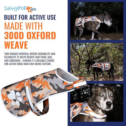 SafetyPUP XD Dog Reflective Vest – Hi-Vis Fluorescent Visibility That Helps to Safeguard Your Pet On/Off Leash in Urban & Rural Areas (Camo, Medium)