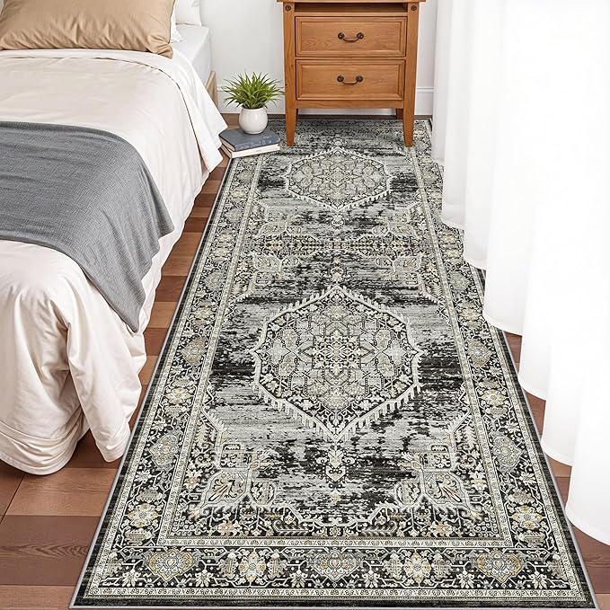 Washable 3x8 Hallway Runner Rug: Oriental Indoor Soft Non-Slip Carpet for Kitchen Bathroom Entryway Thin Stain Resistant Floor Mat for Living Room Bedroom Laundry (Black,3x8)