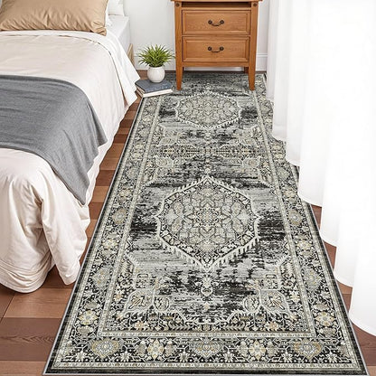 Washable 3x8 Hallway Runner Rug: Oriental Indoor Soft Non-Slip Carpet for Kitchen Bathroom Entryway Thin Stain Resistant Floor Mat for Living Room Bedroom Laundry (Black,3x8)