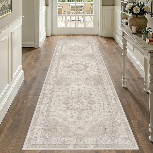 Beige Runner Rug 2'6"x10' Washable Vintage Carpet Hallway Kitchen Soft Retro Low Pile Thin Indoor Bedroom Non Slip Oriental Medallion Long Throw Rug for Bathroom Laundry Dining Room