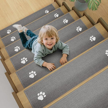 Stair Treads Non Slip Indoor 4PCS, Rubber Backing Stair Runner Rugs for Wooden Steps, Residue Free Stair Carpet Treads for Kids Elders and Pets, Machine Washable Stair Mats, Gray, 8" x 30"