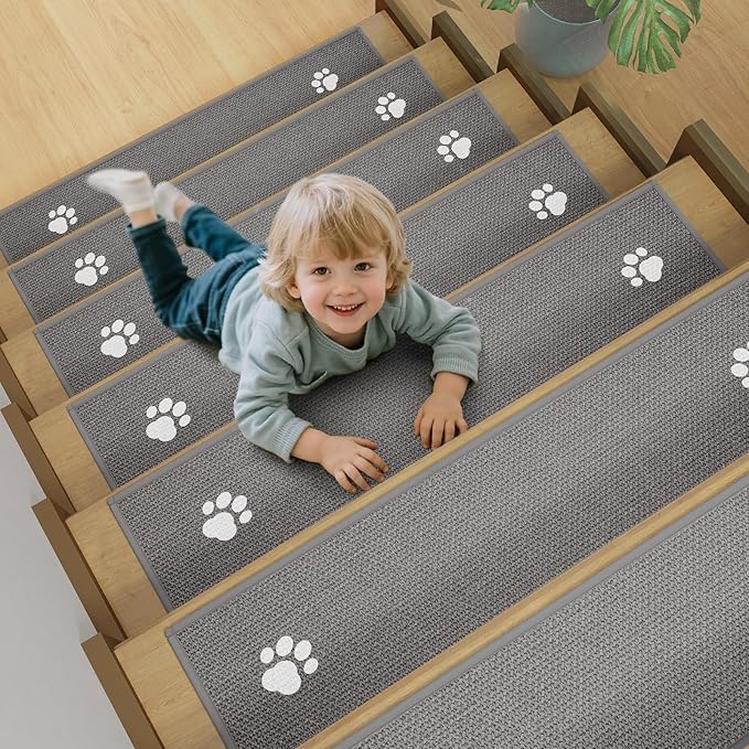 Square Stair Treads Non Slip Indoor 1PCS, Rubber Backing Stair Runner Rugs for Wooden Steps, Residue Free Stair Carpet Treads for Kids Elders Pets, Machine Washable Stair Mats, Gray, 30" x 30"