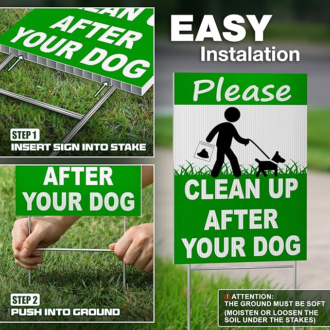 2-Pack Clean Up After Your Dog Signs, Double Sided 12x8 Coroplast Signs with H-Stakes, Outdoor Reminder for Yards, Apartments